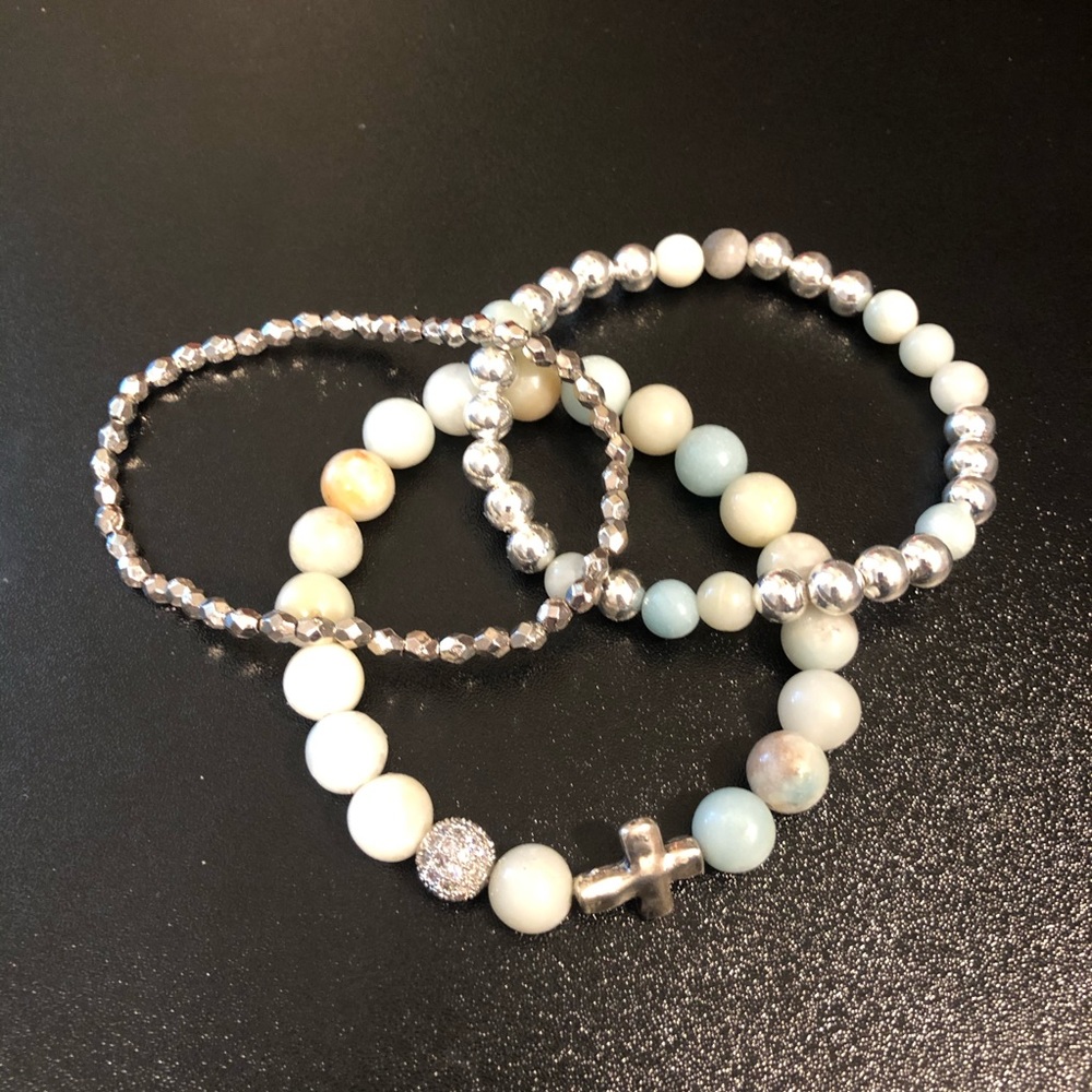 Amazonite and silver bracelet stack set